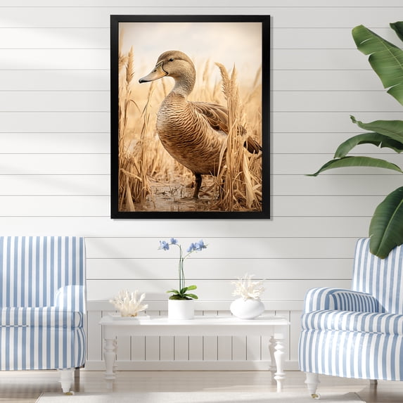 Designart "Retro Duck Elegance I" Animals Framed Wall Art - Traditional Brown Duck Entryway Framed Wall Art