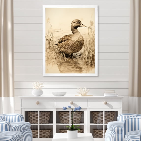 Designart "Retro Duck Elegance II" Animals Framed Wall Art - Traditional Brown Duck Hallway Framed Wall Art Decor