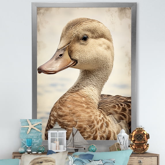Designart "Retro Duck Elegance III" Animals Framed Wall Art - Traditional Brown Duck Living Room Framed Canvas Art