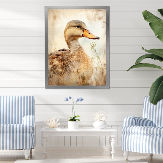 Designart "Retro Duck Elegance IV" Animals Framed Wall Art - Traditional Brown Duck Bedroom Framed Canvas Wall Art