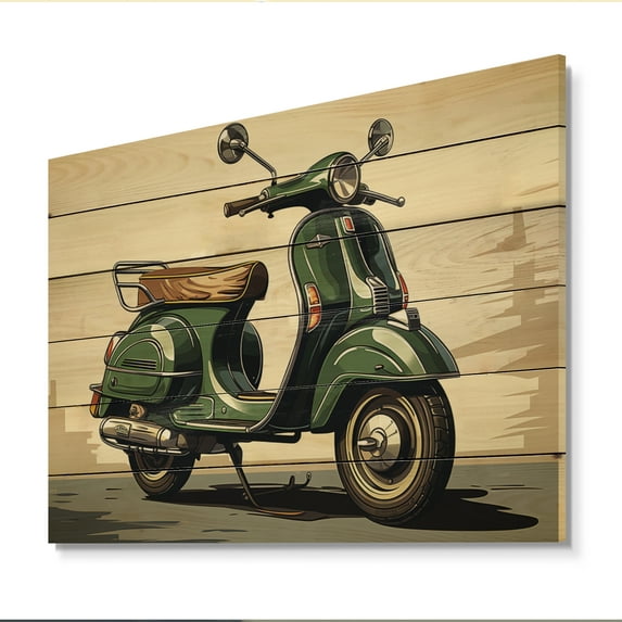 Designart "Retro Electric Green Scooter wall art I" Transportation Print on Natural Pine Wood