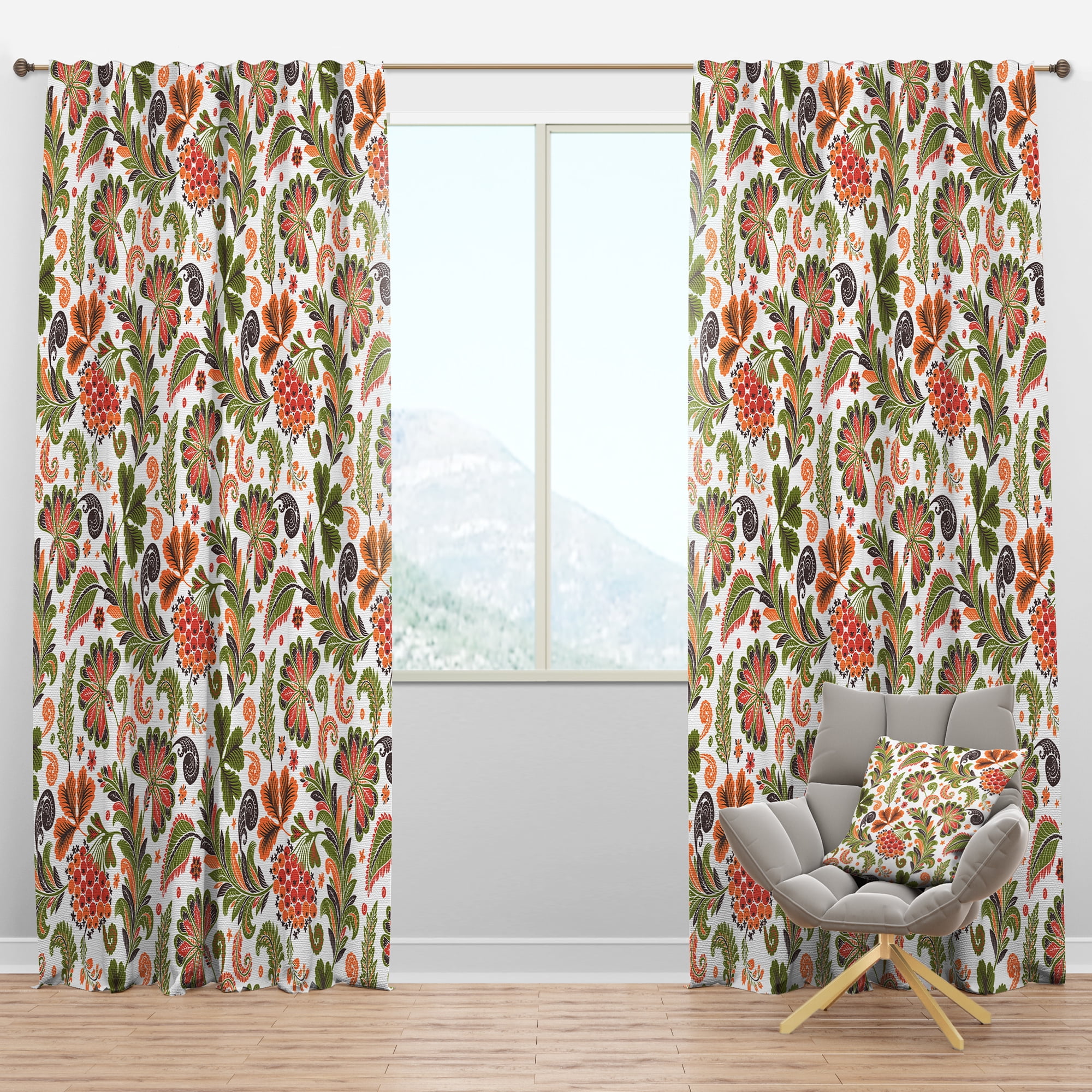 Designart 'Retro Fantasy Flowers On White I' Mid-Century Modern Blackout Curtain Panel