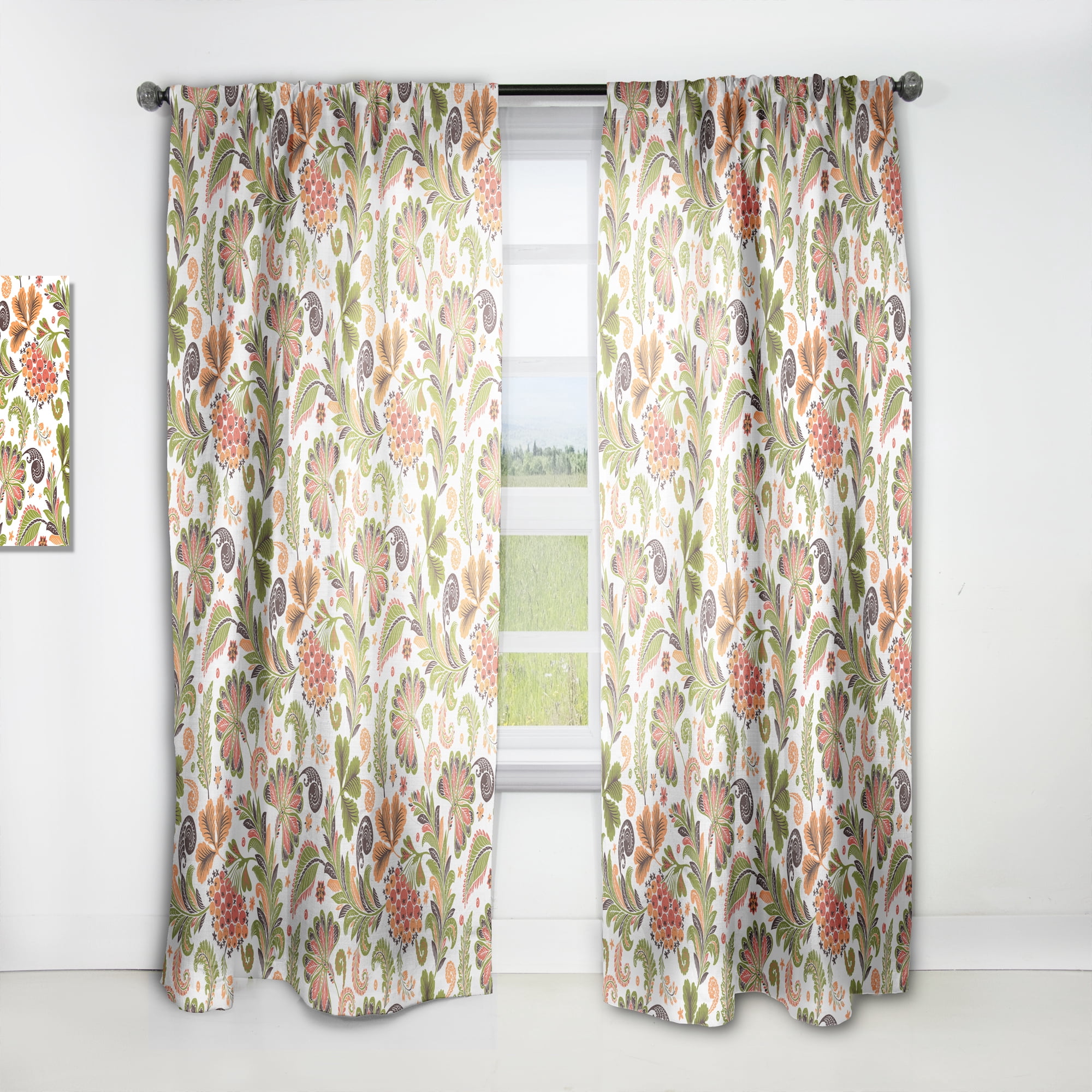 Designart 'Retro Fantasy Flowers On White I' Mid-Century Modern Curtain Panel