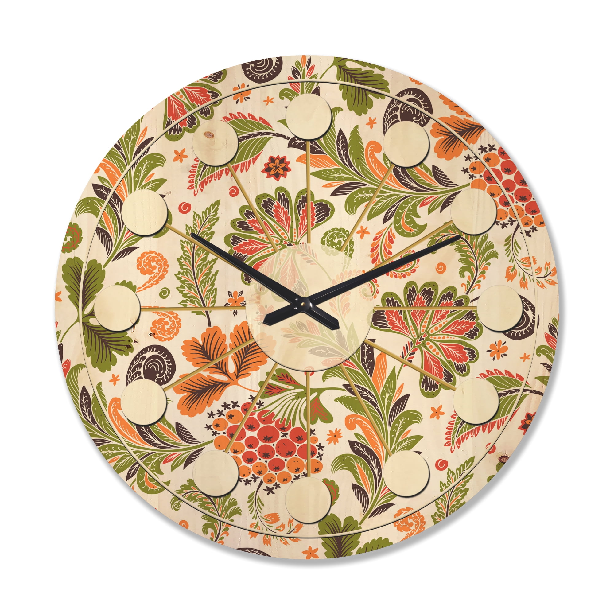 Designart 'Retro Fantasy Flowers On White I' Mid-Century Modern Wood Wall Clock