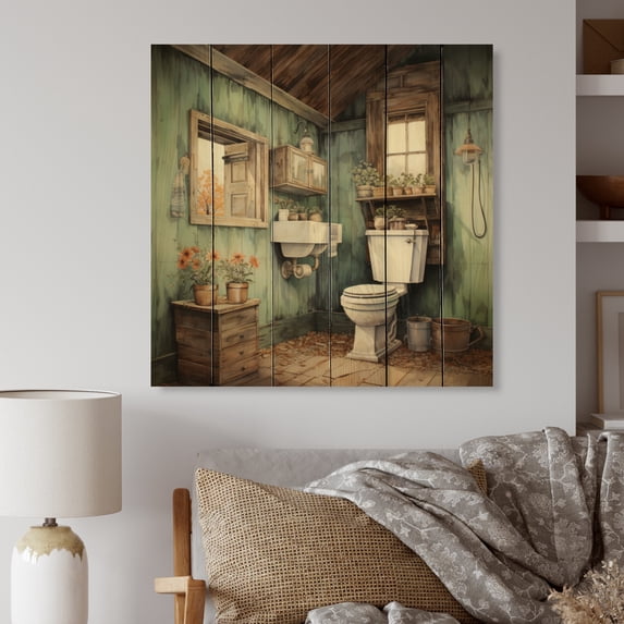 Designart "Retro Farmhouse Toilet Vintage Elegance I" Bath & Laundry Print on Natural Pine Wood