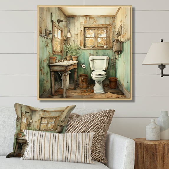 Designart "Retro Farmhouse Toilet Vintage Elegance II" Bath & Laundry Floater Framed Wall Art Living Room