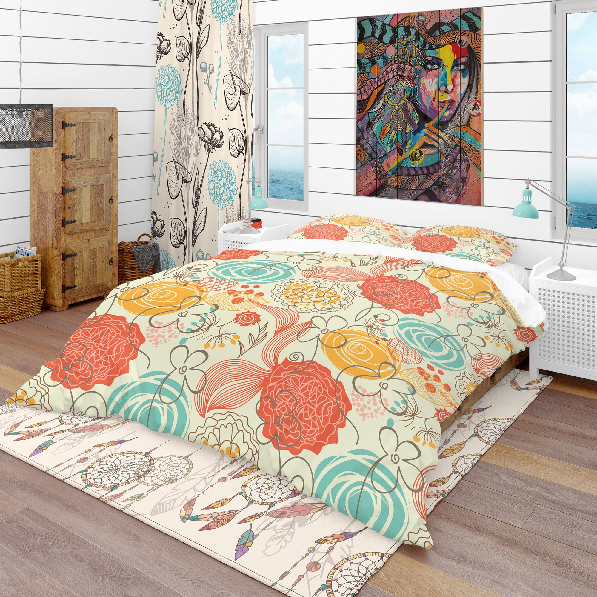 Designart 'Retro Floral Pattern' Bohemian & Eclectic Duvet Cover Set