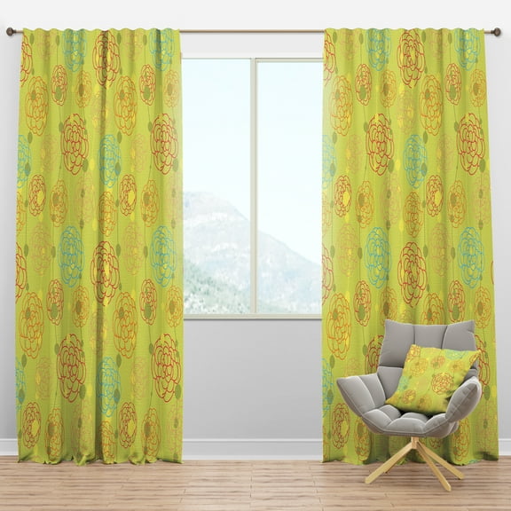 Designart 'Retro Flowers On Green Background' Mid-Century Modern Blackout Curtain Panel