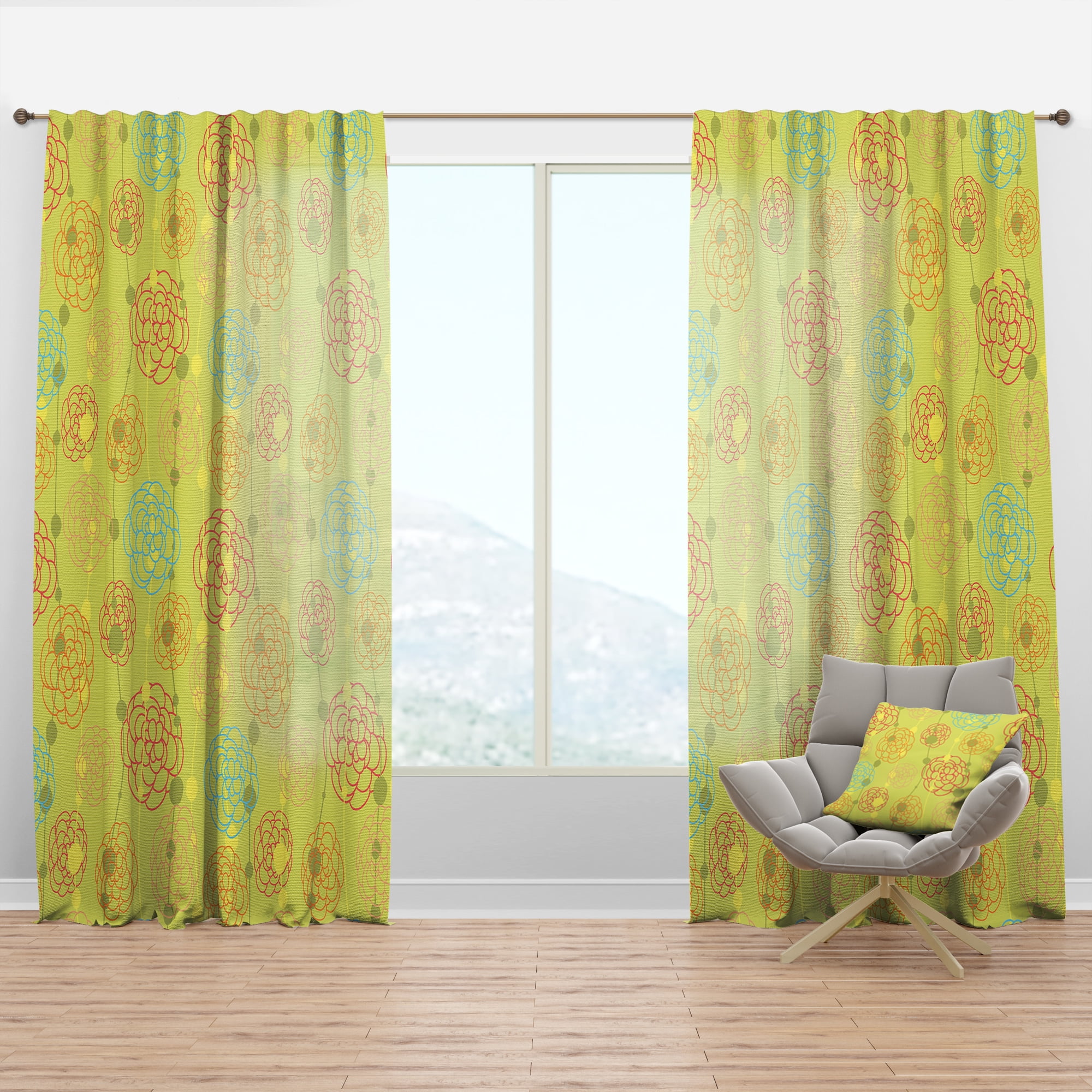 Designart 'Retro Flowers On Green Background' Mid-Century Modern Curtain Panel