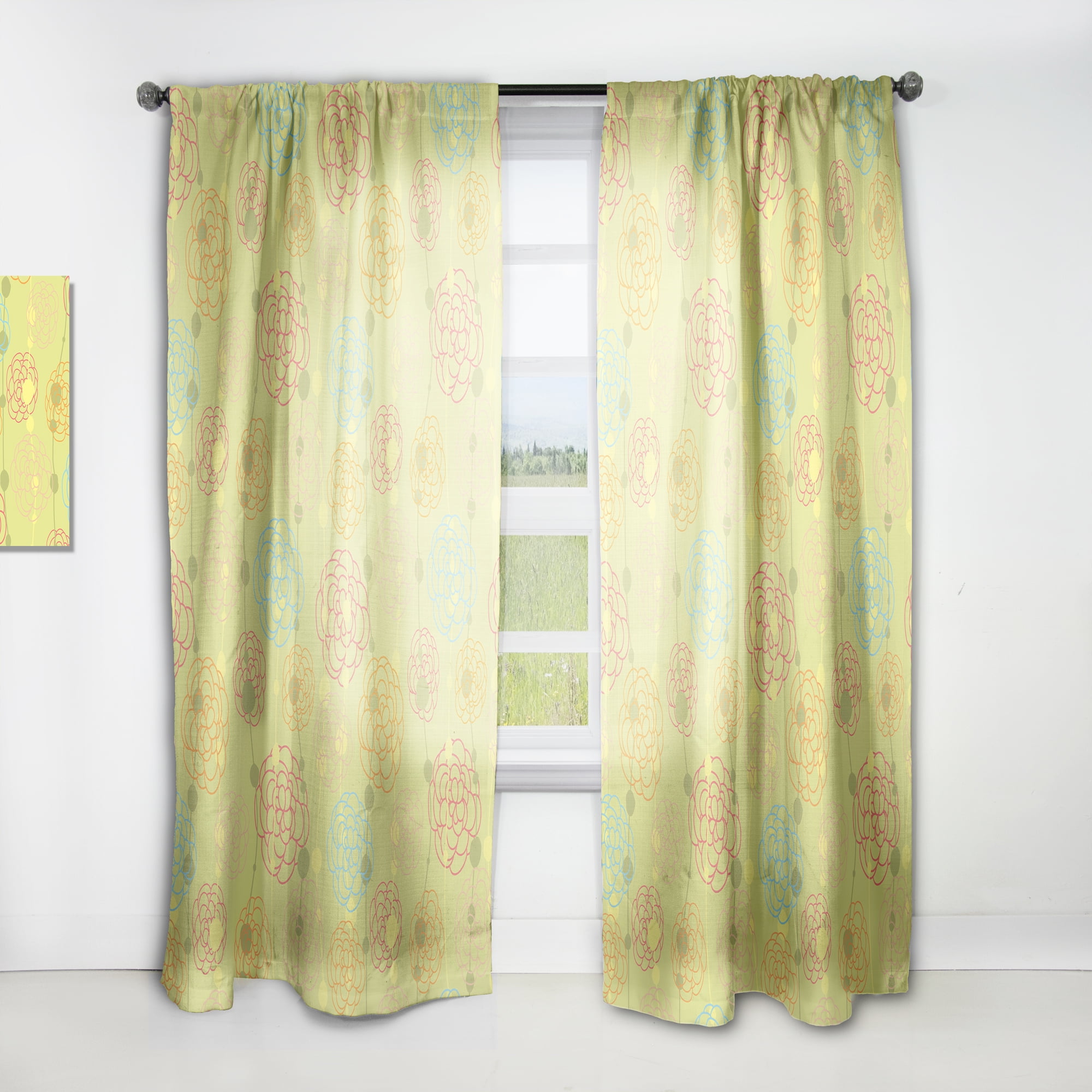 Designart 'Retro Flowers On Green Background' Mid-Century Modern Curtain Panel