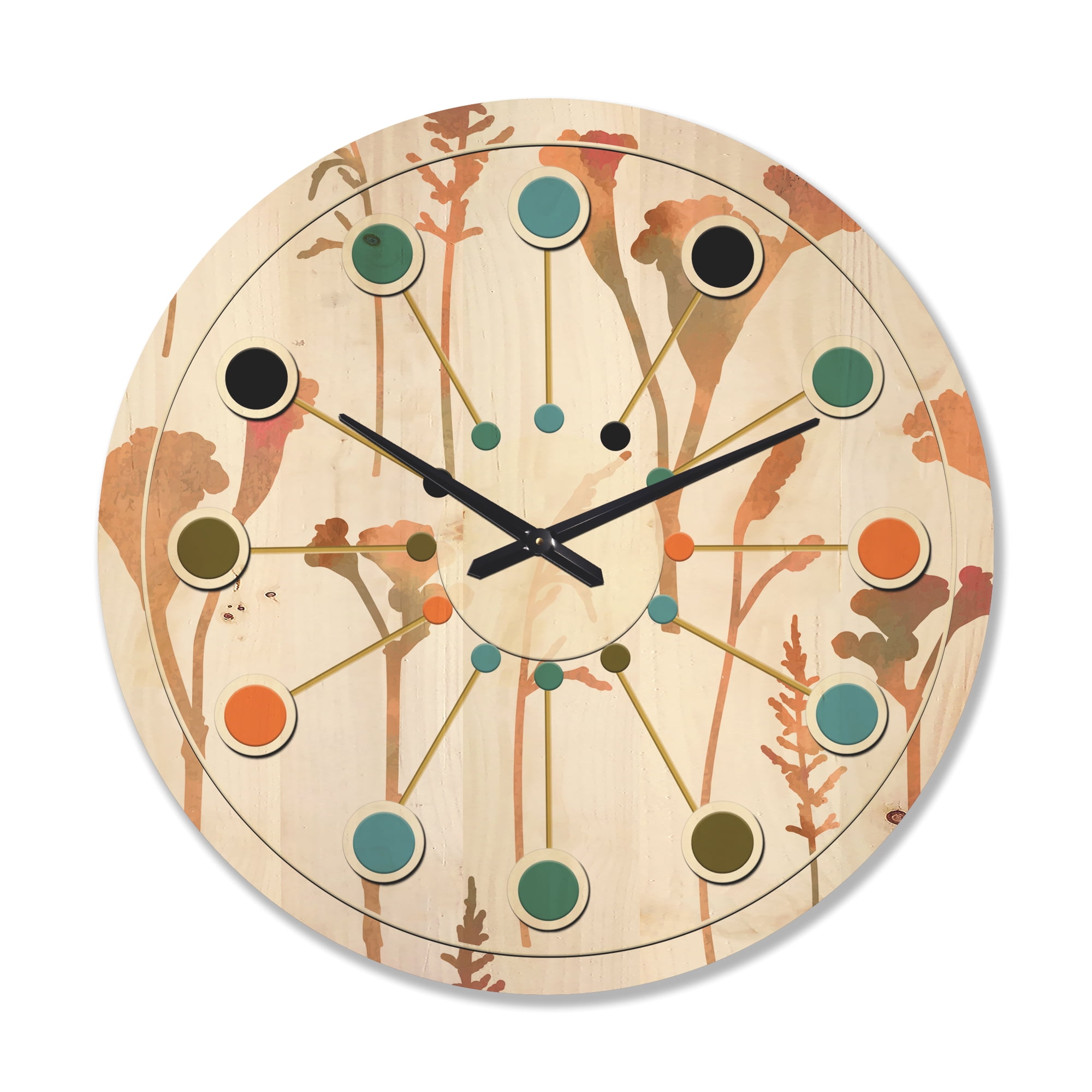 Designart 'Retro Flowers Pattern I' Mid-Century Modern Wood Wall Clock