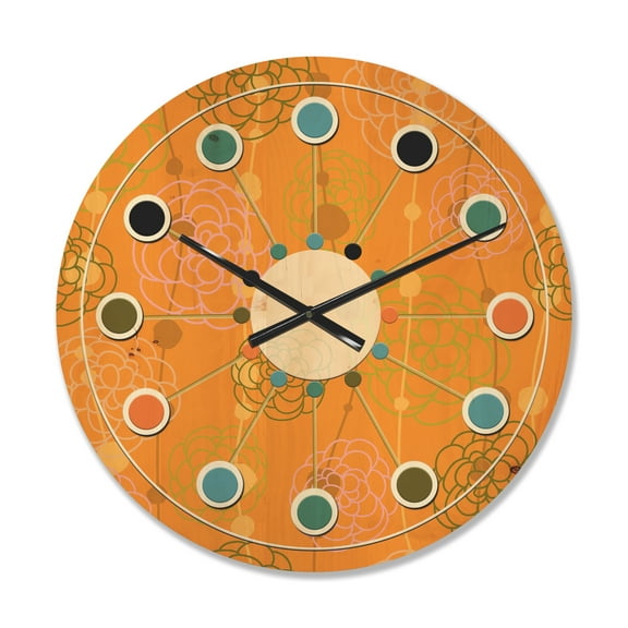 Designart 'Retro Flowers Pattern II' Mid-Century Modern Wood Wall Clock