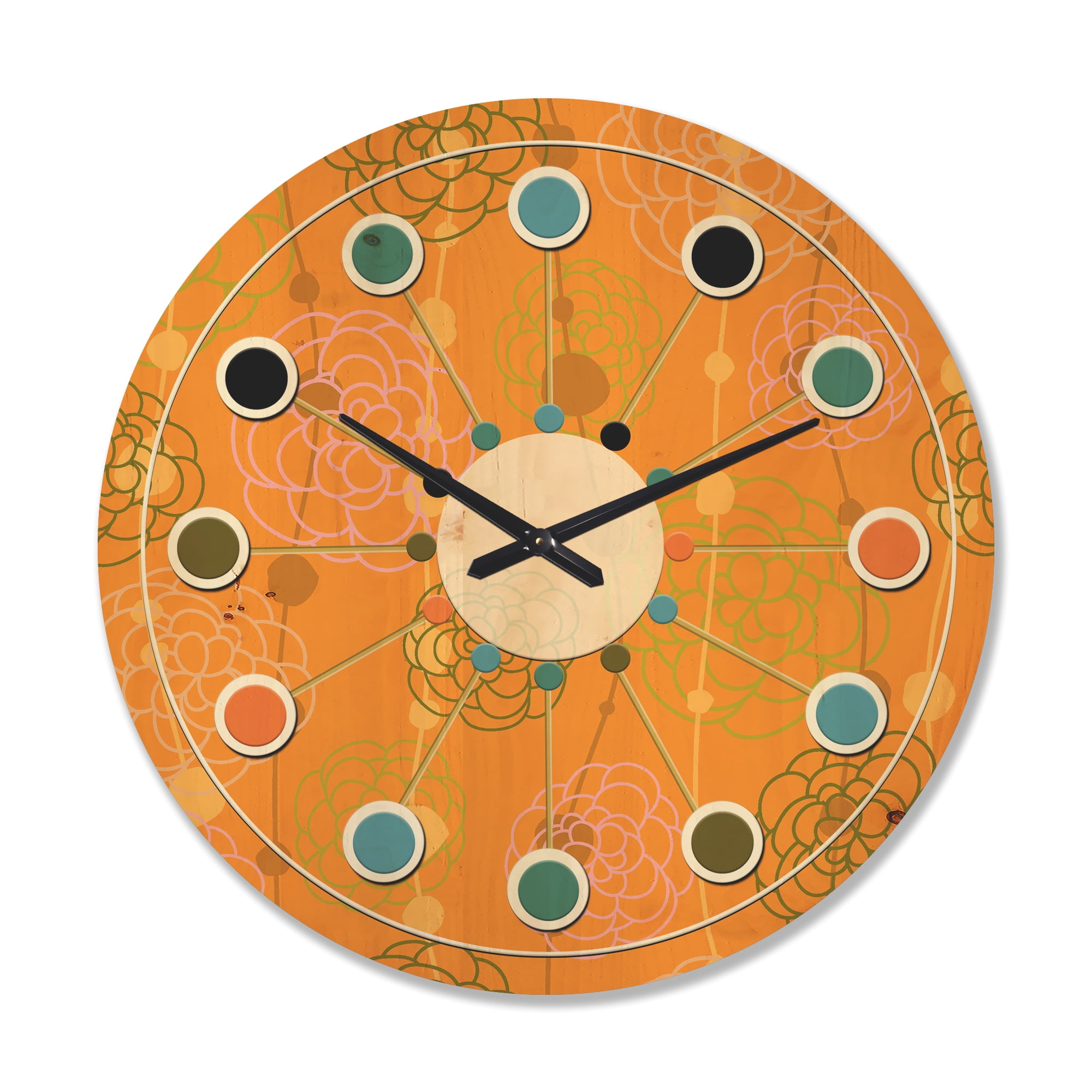 Designart 'Retro Flowers Pattern II' Mid-Century Modern Wood Wall Clock