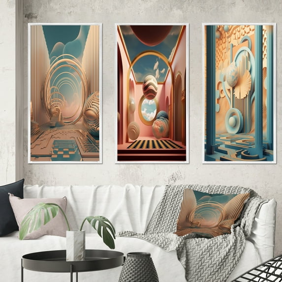 Designart "Retro Future Folklore Minimalist Architecture II" Abstract Landscape Framed Wall Art Set Of 3 - Blue Abstract Landscapes Frame Gallery Wall Set For Home Decor