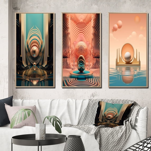 Designart "Retro Futuristic Architecture Graphic Bliss V" Abstract Landscape Framed Wall Art Set Of 3 - Pink Abstract Landscapes Frame Gallery Wall Set For Home Decor