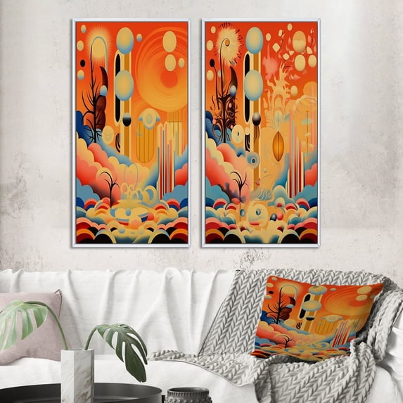 Designart "Retro Futuristic Dreamscapes Urban Visions I" Abstract Landscape Framed Wall Art Set Of 2 - Modern Orange Frame Gallery Set For Office Decor