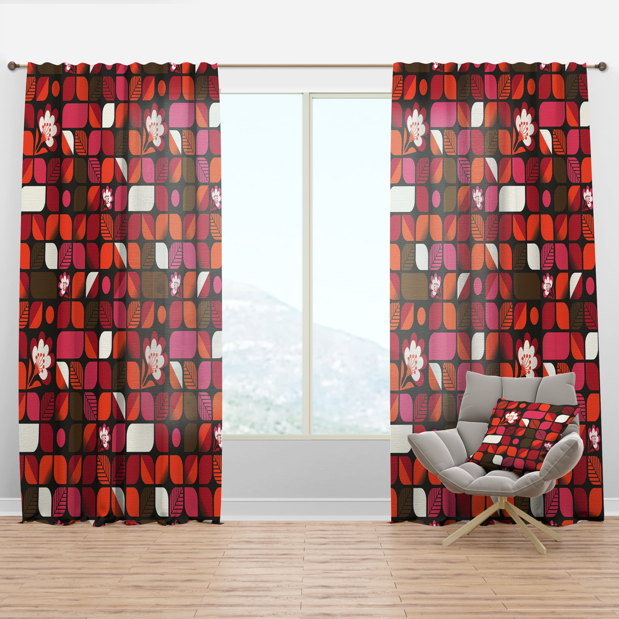 Designart 'Retro Geometric Flower Design I' Mid-Century Modern Curtain Panel