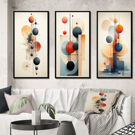 Designart "Retro Geometric Midnight Daydreams I" Modern Geometric Framed Wall Art Set Of 3 - Blue Abstract Frame Canvas Set For Living Room Decor
