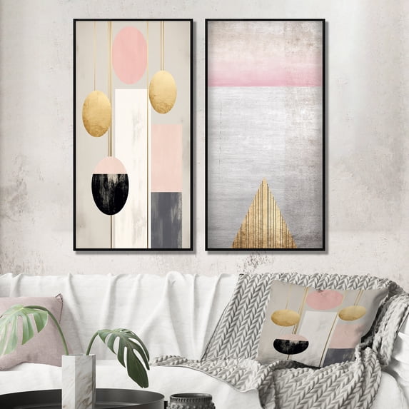 Designart "Retro Geometry Pink Gold Full Moon Bloom VIII" Modern Geometric Framed Wall Art Set Of 2 - Modern Pink Gallery Wall Frame Set For Home Decor