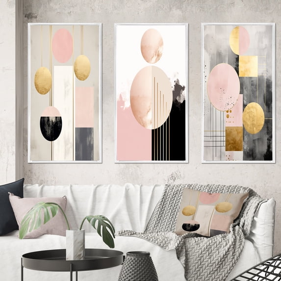 Designart "Retro Geometry Pink Gold Full Moon Bloom VIII" Modern Geometric Framed Wall Art Set Of 3 - Pink Abstract Frame Gallery Wall Set For Home Decor