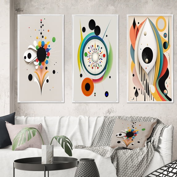 Designart "Retro Geometry of Awakening Rebirth V" Modern Geometric Framed Wall Art Set Of 3 - White Abstract Frame Canvas Set For Living Room Decor
