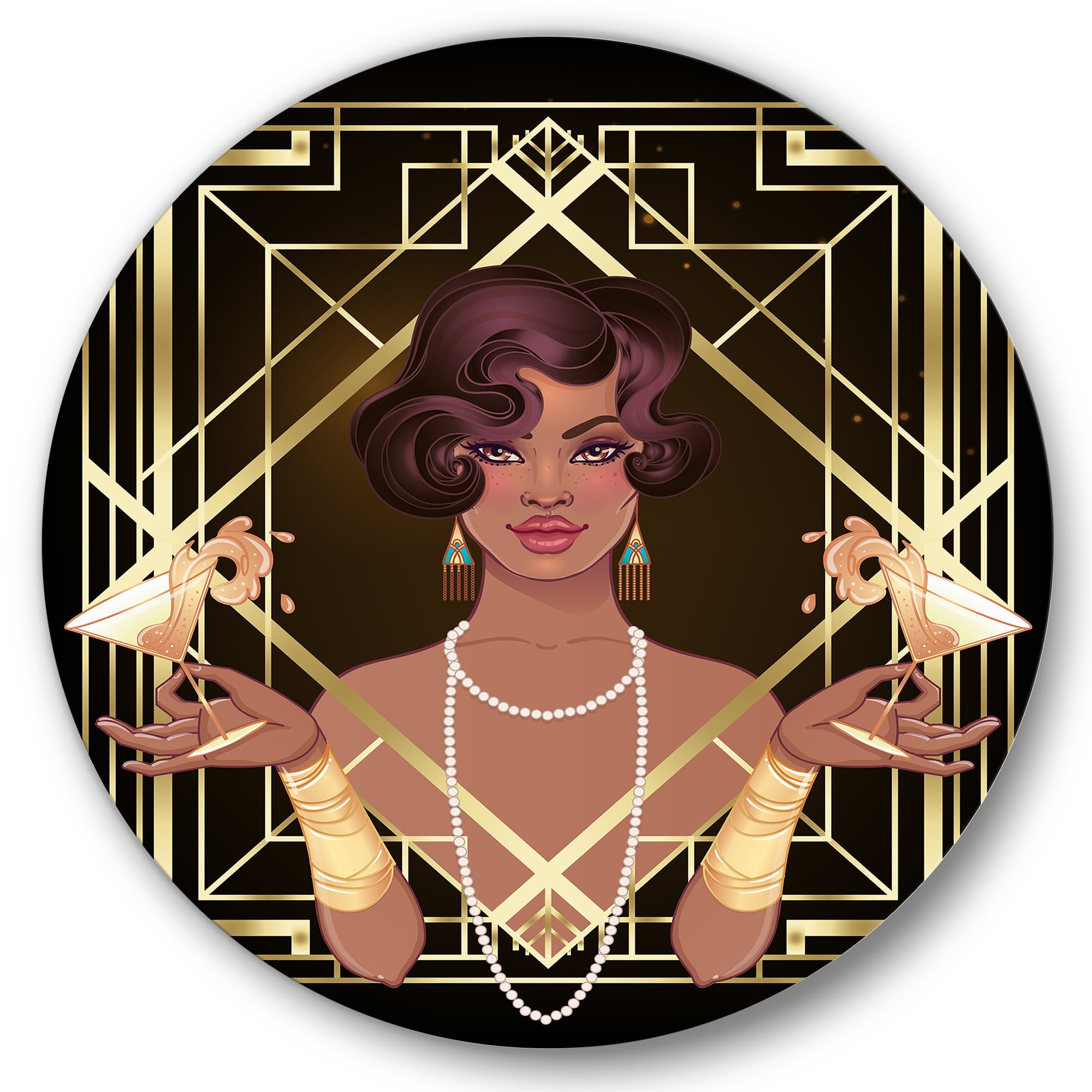 Designart 'Retro Girl In Golden Art Deco Geometrics I' Modern Circle Metal Wall Art 11x11 - Disc of 11