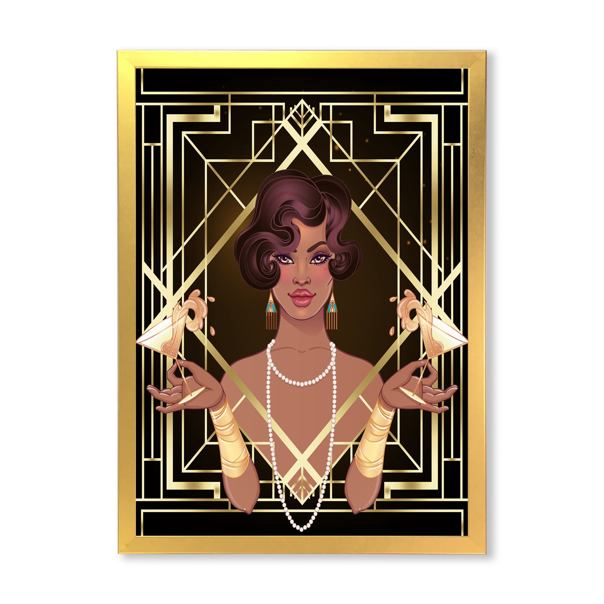 Designart 'Retro Girl In Golden Art Deco Geometrics I' Modern Framed Art Print