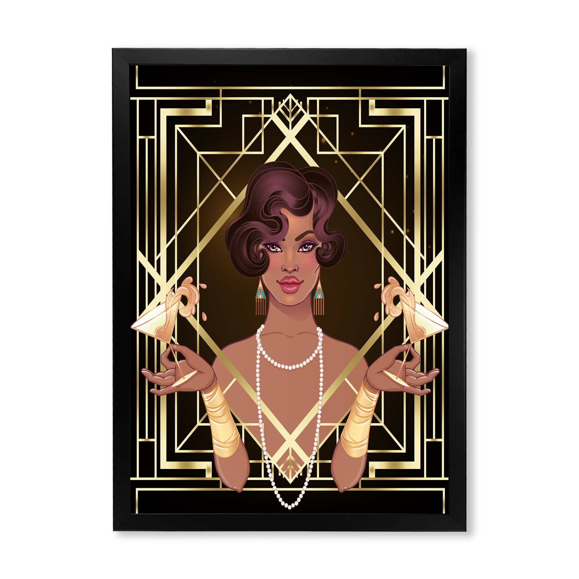 Designart 'Retro Girl In Golden Art Deco Geometrics I' Modern Framed Art Print