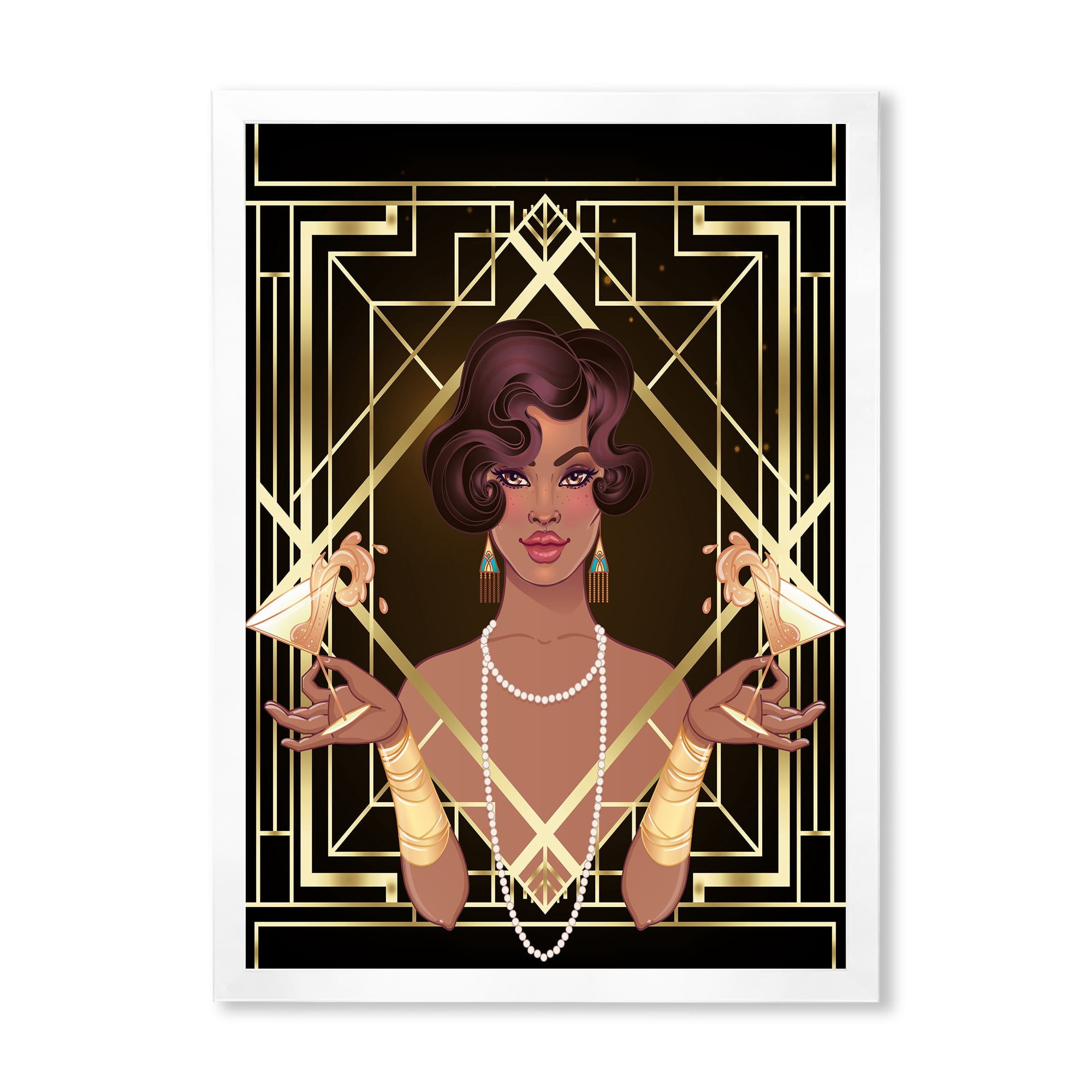 Designart 'Retro Girl In Golden Art Deco Geometrics I' Modern Framed Art Print