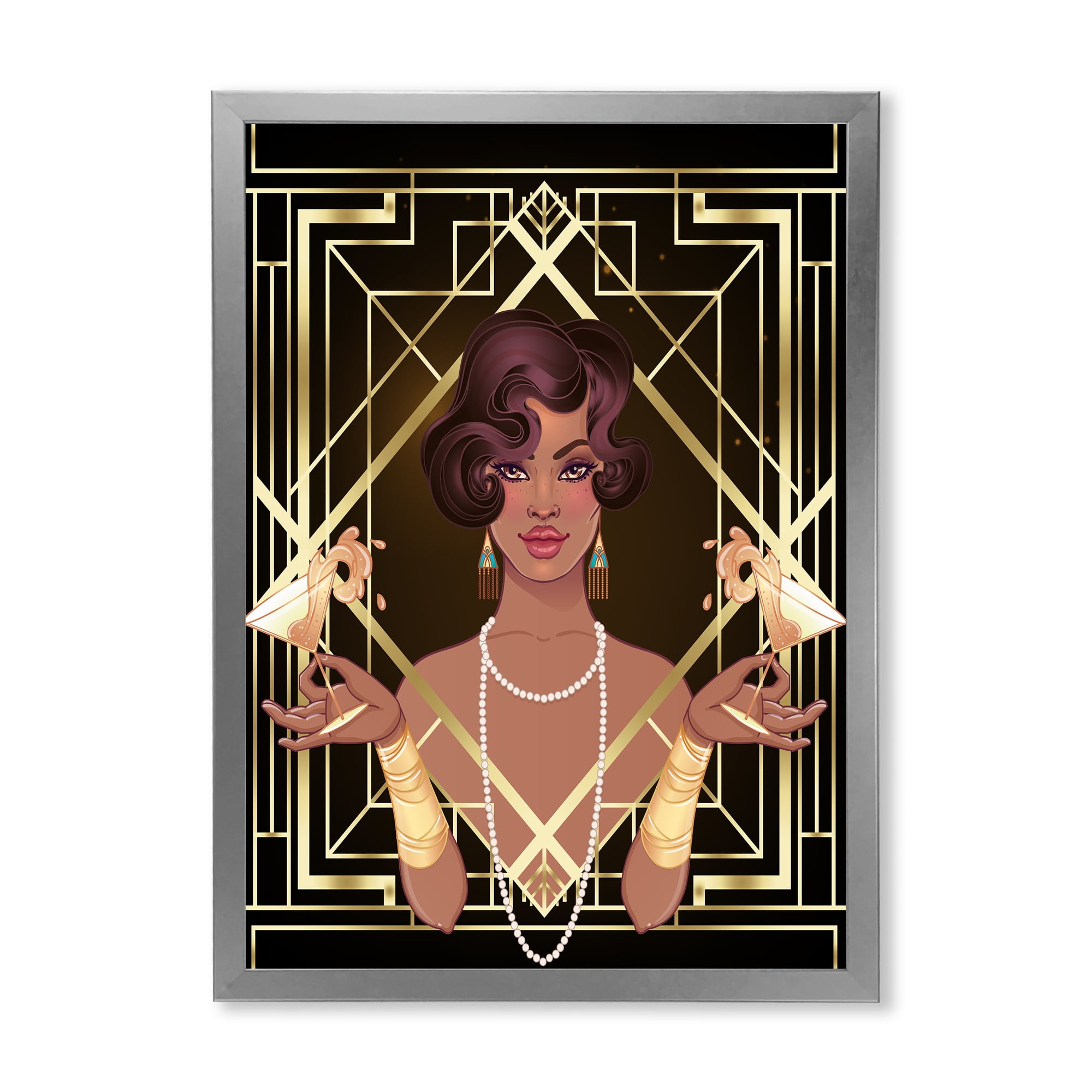 Designart 'Retro Girl In Golden Art Deco Geometrics I' Modern Framed Art Print