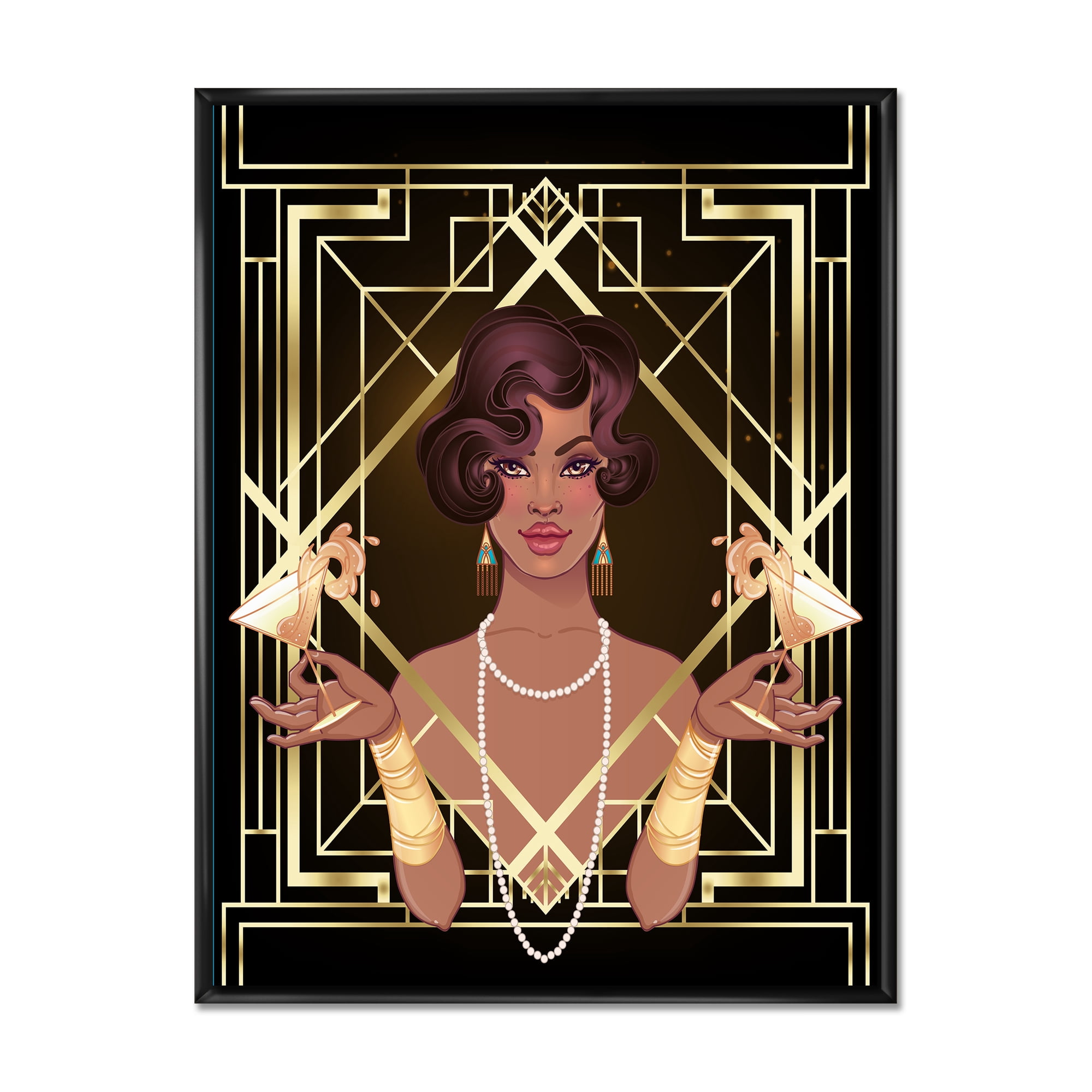 Designart 'Retro Girl In Golden Art Deco Geometrics I' Modern Framed Canvas Wall Art Print