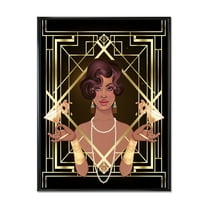 Designart 'Retro Girl In Golden Art Deco Geometrics I' Modern Framed Canvas Wall Art Print