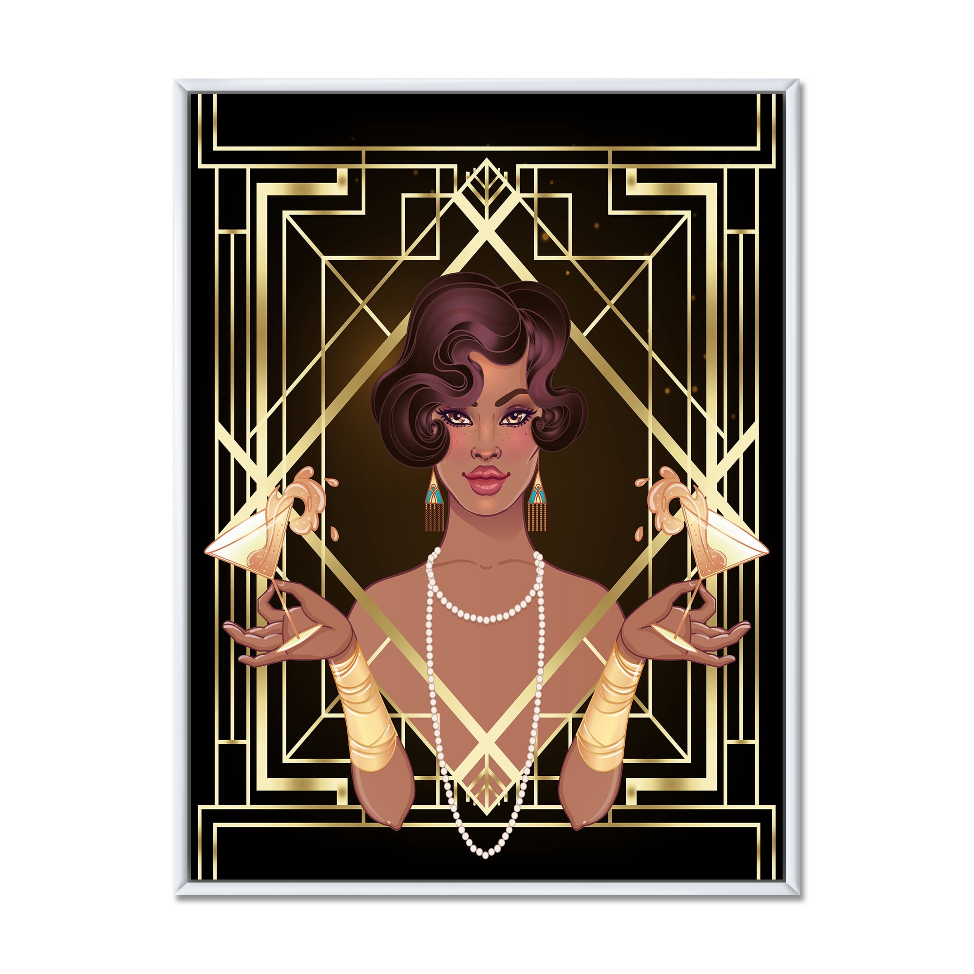Designart 'Retro Girl In Golden Art Deco Geometrics I' Modern Framed Canvas Wall Art Print