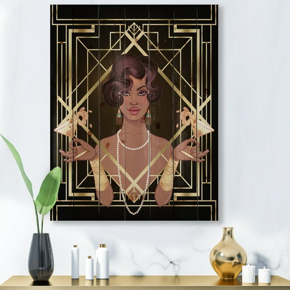 Designart 'Retro Girl In Golden Art Deco Geometrics I' Modern Print on Natural Pine Wood