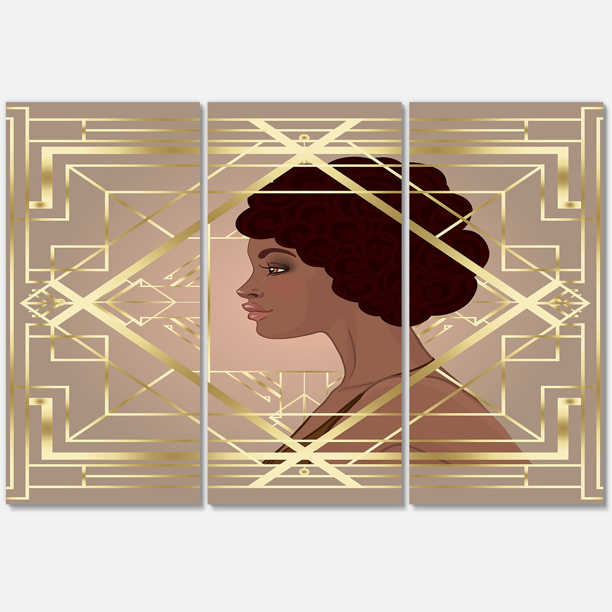 Designart ' Retro Girl In Golden Art Deco Geometrics II ' Modern Canvas Wall Art Print