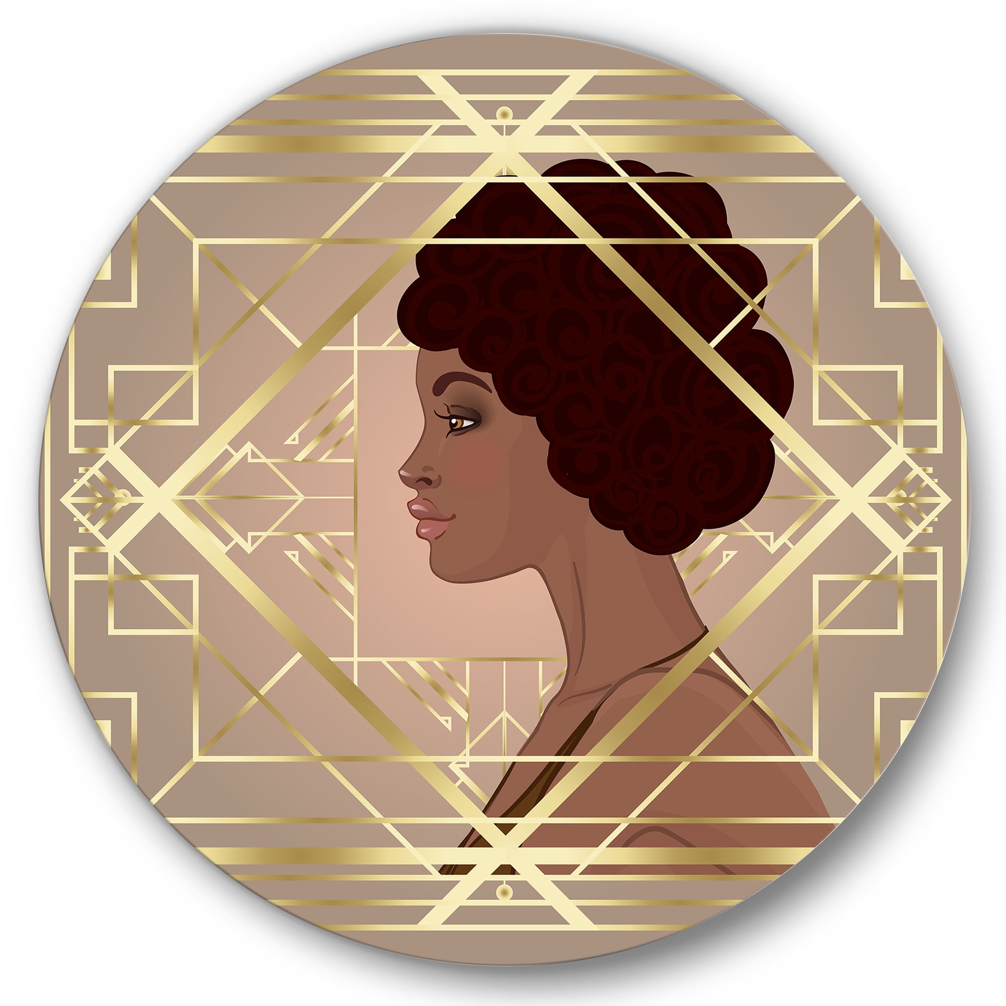 Designart 'Retro Girl In Golden Art Deco Geometrics II' Modern Circle Metal Wall Art 36x36 - Disc of 36