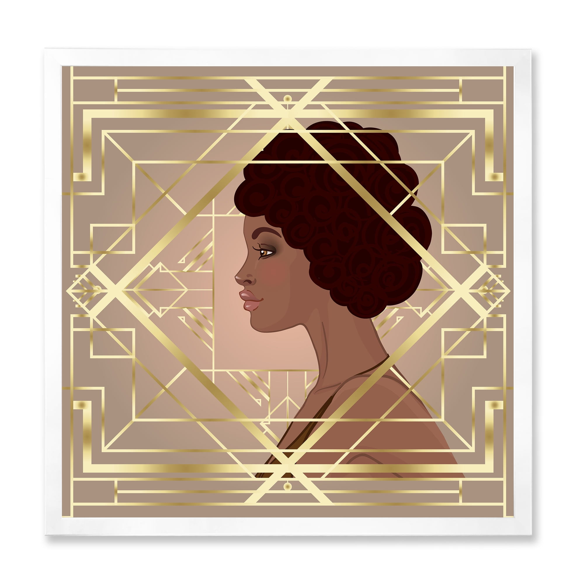 Designart 'Retro Girl In Golden Art Deco Geometrics II' Modern Framed Art Print