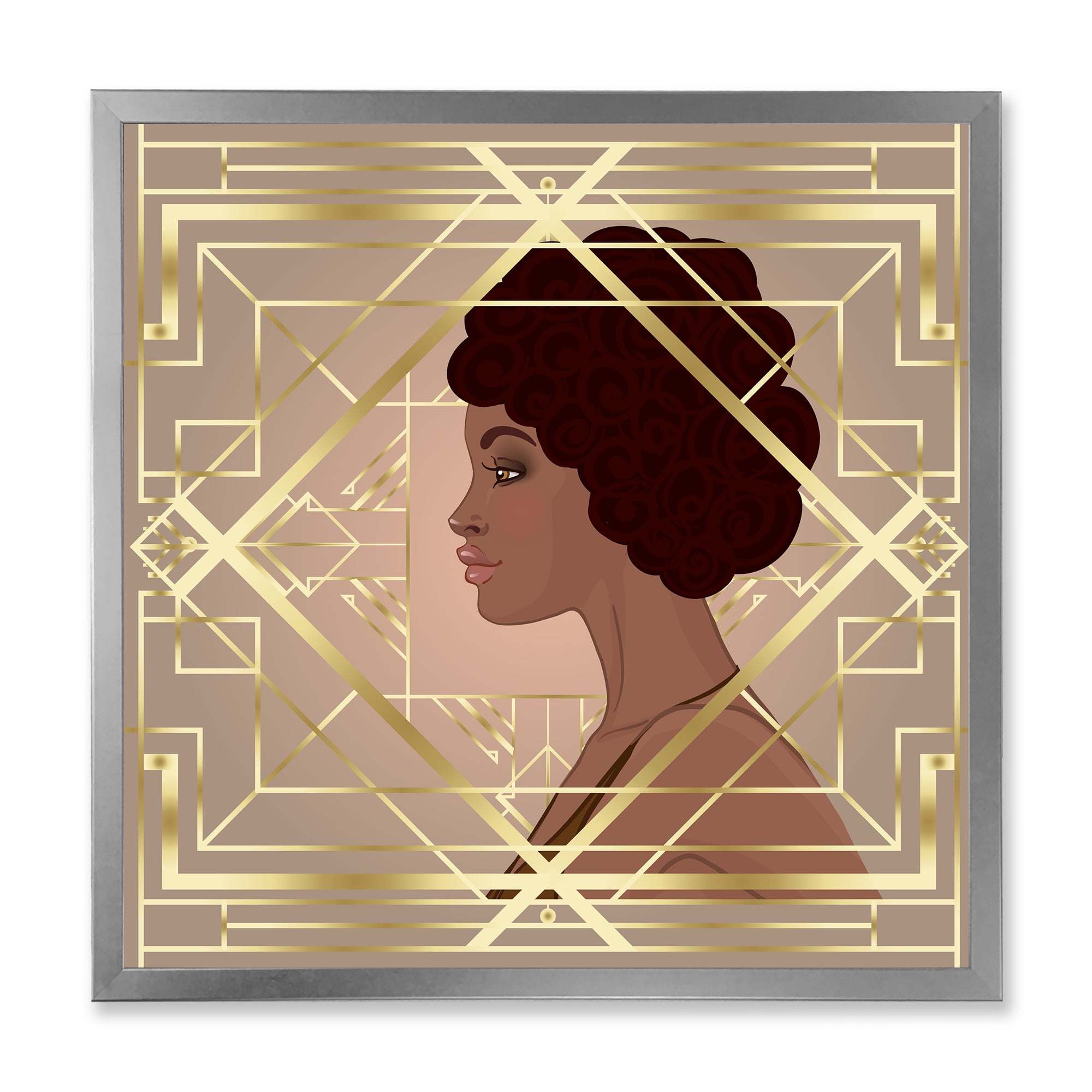 Designart 'Retro Girl In Golden Art Deco Geometrics II' Modern Framed Art Print