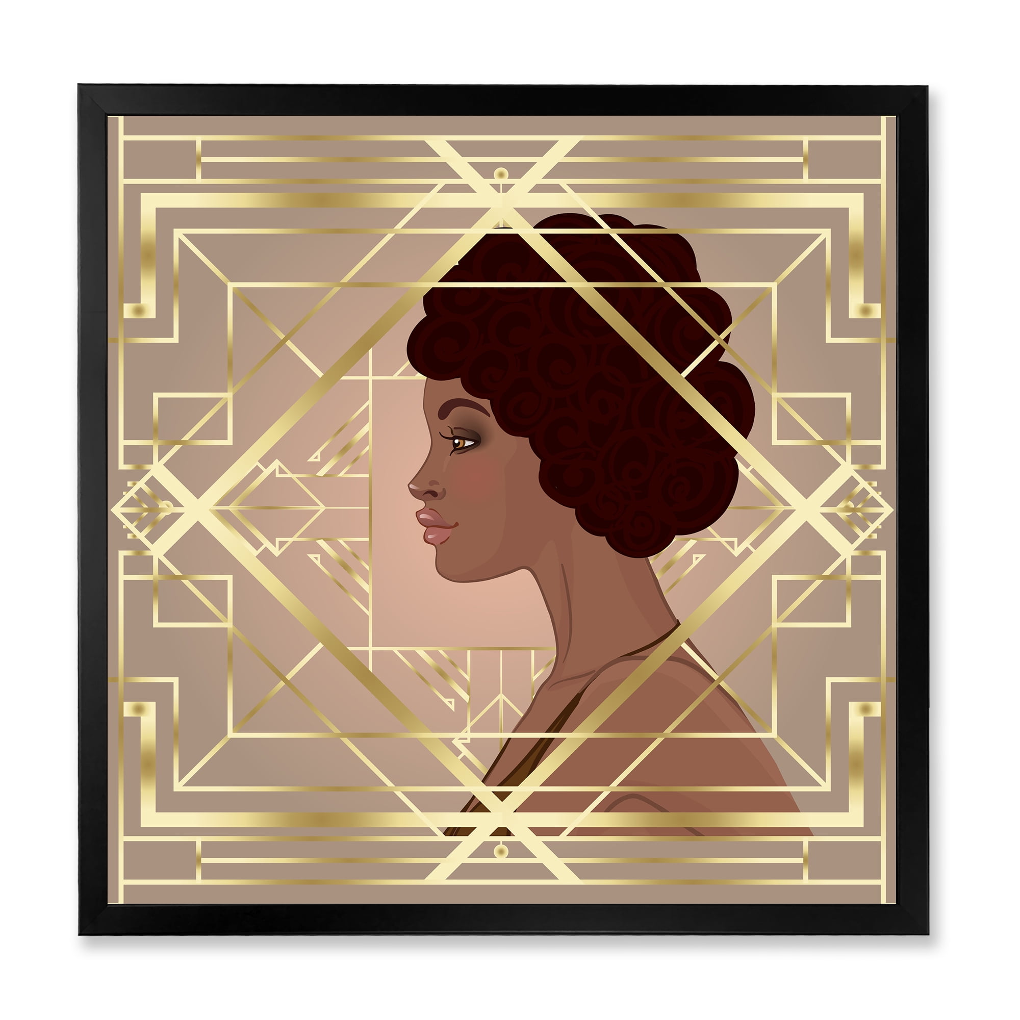 Designart 'Retro Girl In Golden Art Deco Geometrics II' Modern Framed Art Print