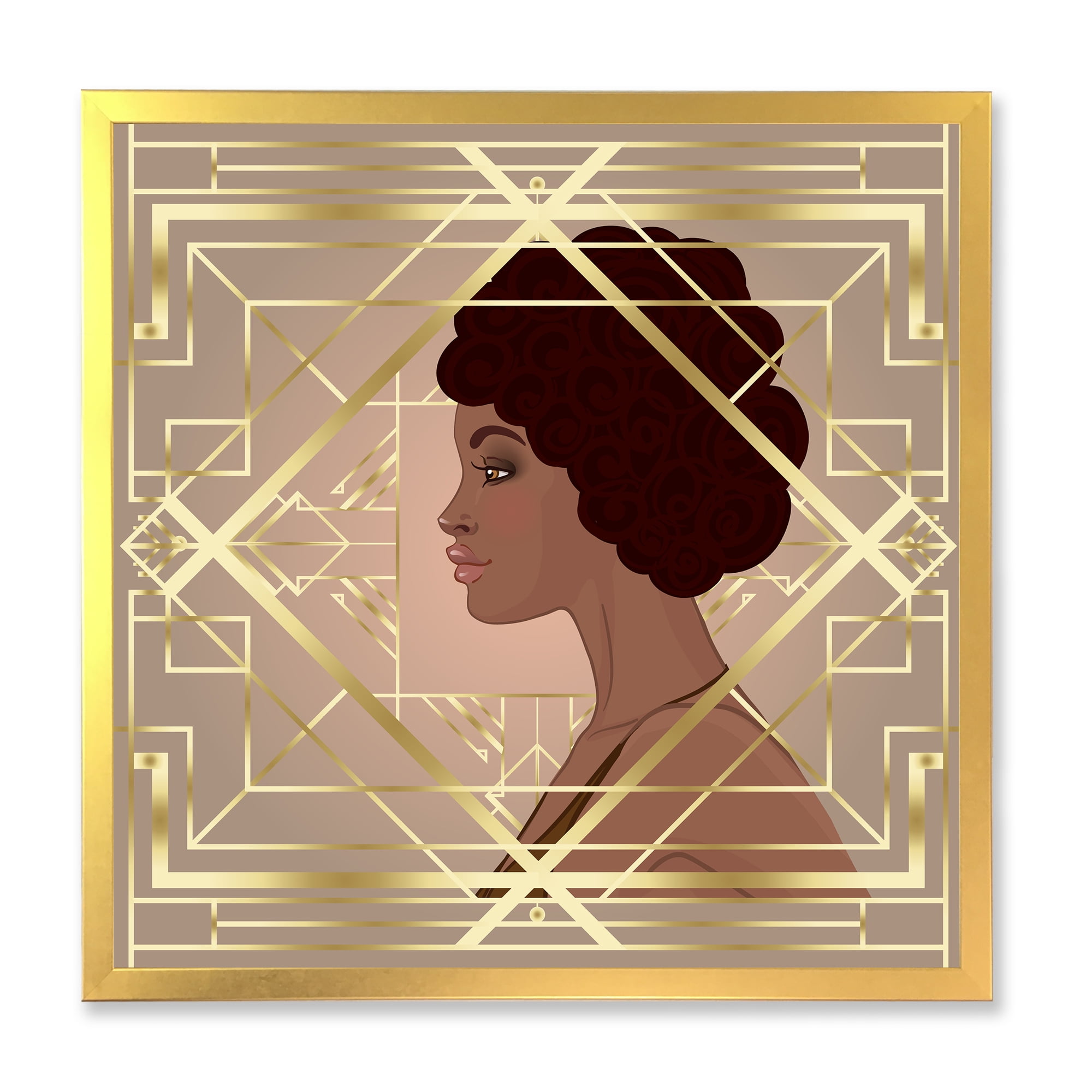 Designart 'Retro Girl In Golden Art Deco Geometrics II' Modern Framed Art Print