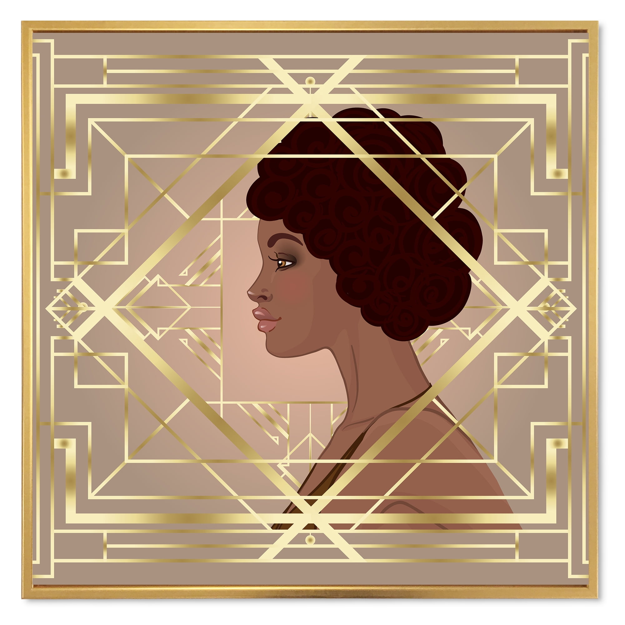 Designart 'Retro Girl In Golden Art Deco Geometrics II' Modern Framed Canvas Wall Art Print