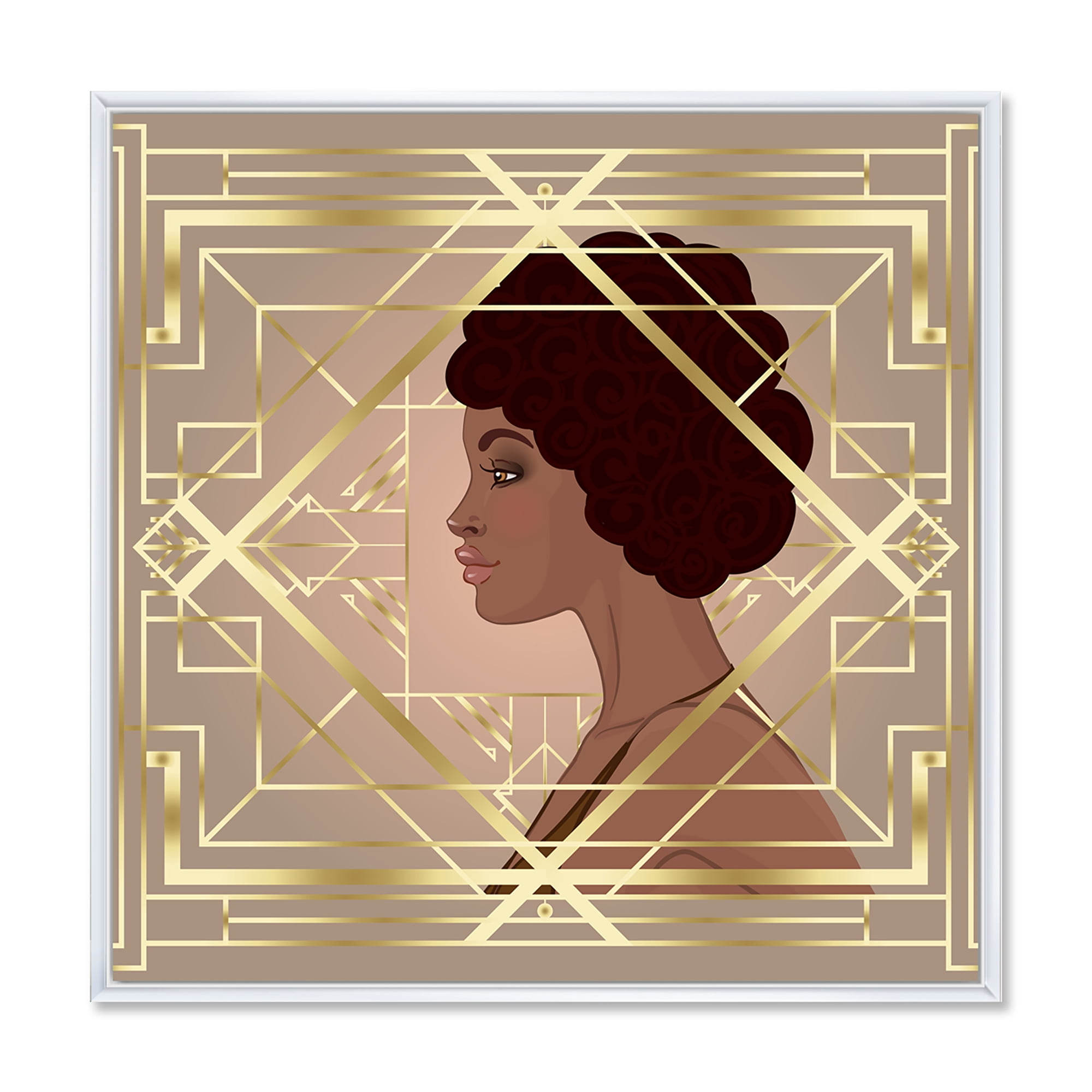 Designart 'Retro Girl In Golden Art Deco Geometrics II' Modern Framed Canvas Wall Art Print