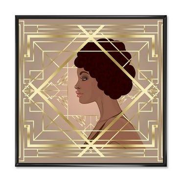 Designart 'Retro Girl In Golden Art Deco Geometrics II' Modern Framed Canvas Wall Art Print
