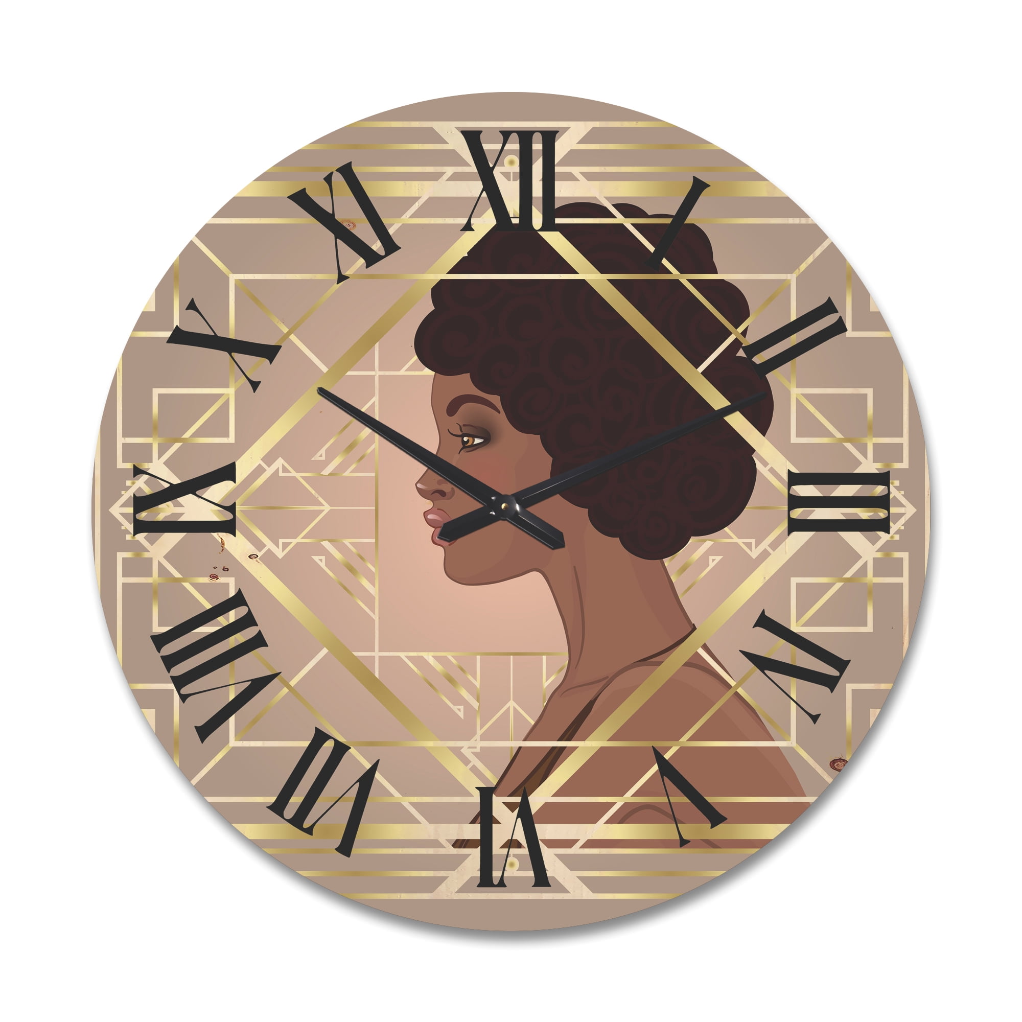 Designart 'Retro Girl In Golden Art Deco Geometrics II' Modern Wood Wall Clock