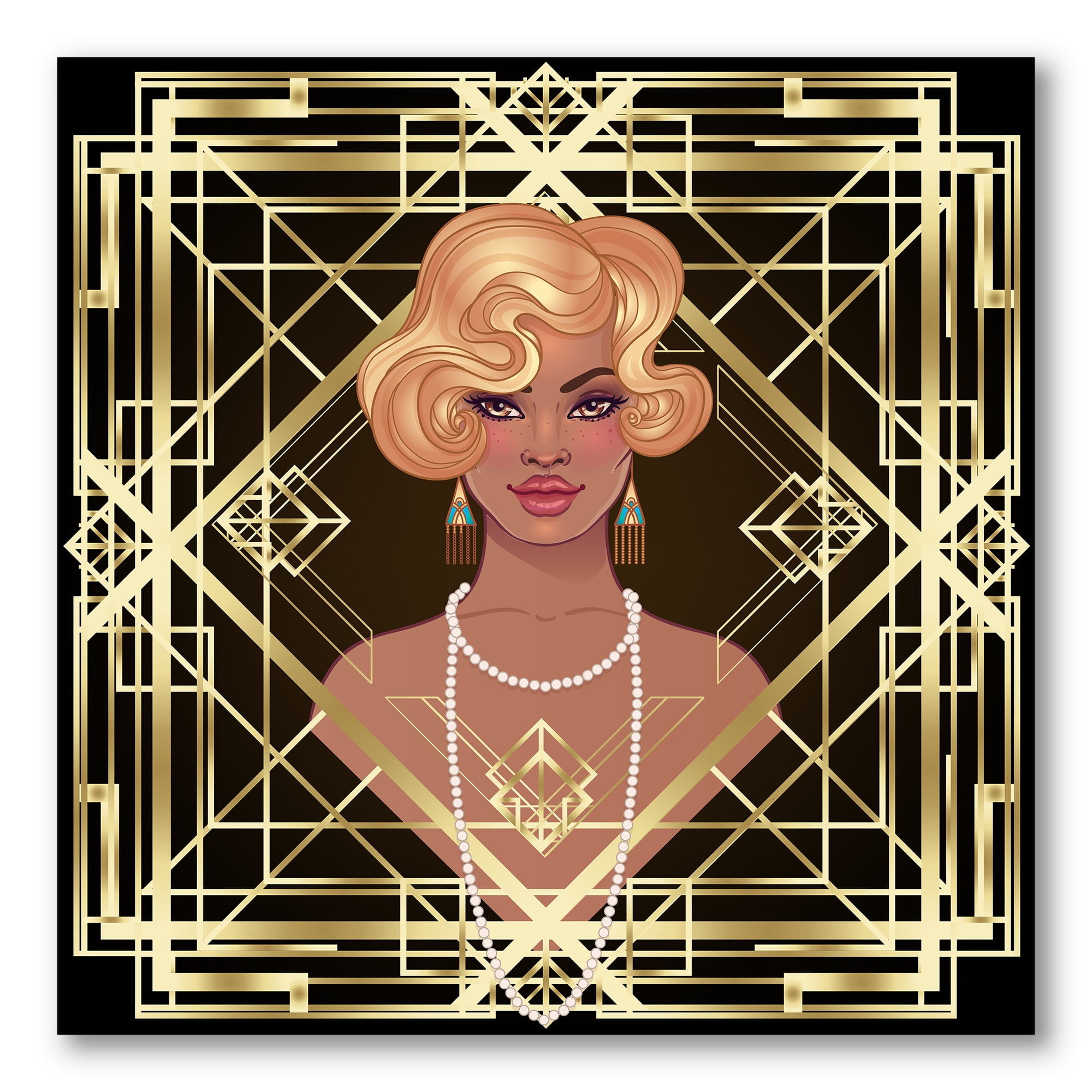 Designart ' Retro Girl In Golden Art Deco Geometrics III ' Modern Canvas Wall Art Print