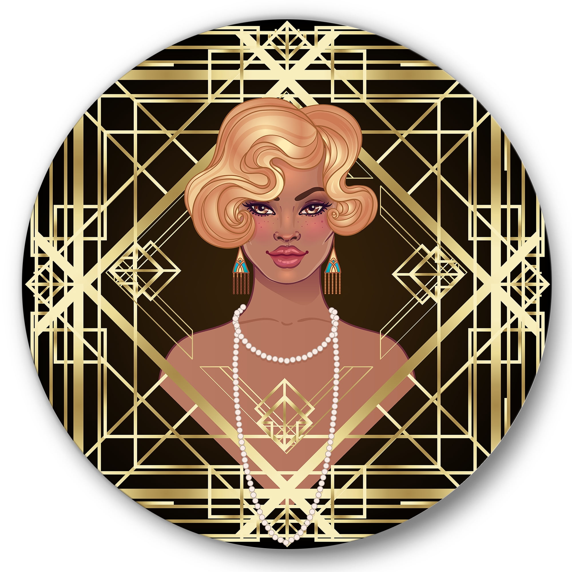 Designart 'Retro Girl In Golden Art Deco Geometrics III' Modern Circle Metal Wall Art 23x23 - Disc of 23