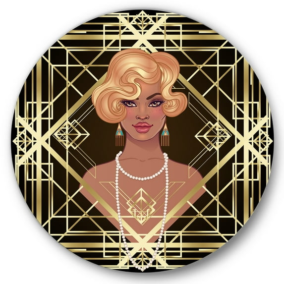 Designart 'Retro Girl In Golden Art Deco Geometrics III' Modern Circle Metal Wall Art 23x23 - Disc of 23