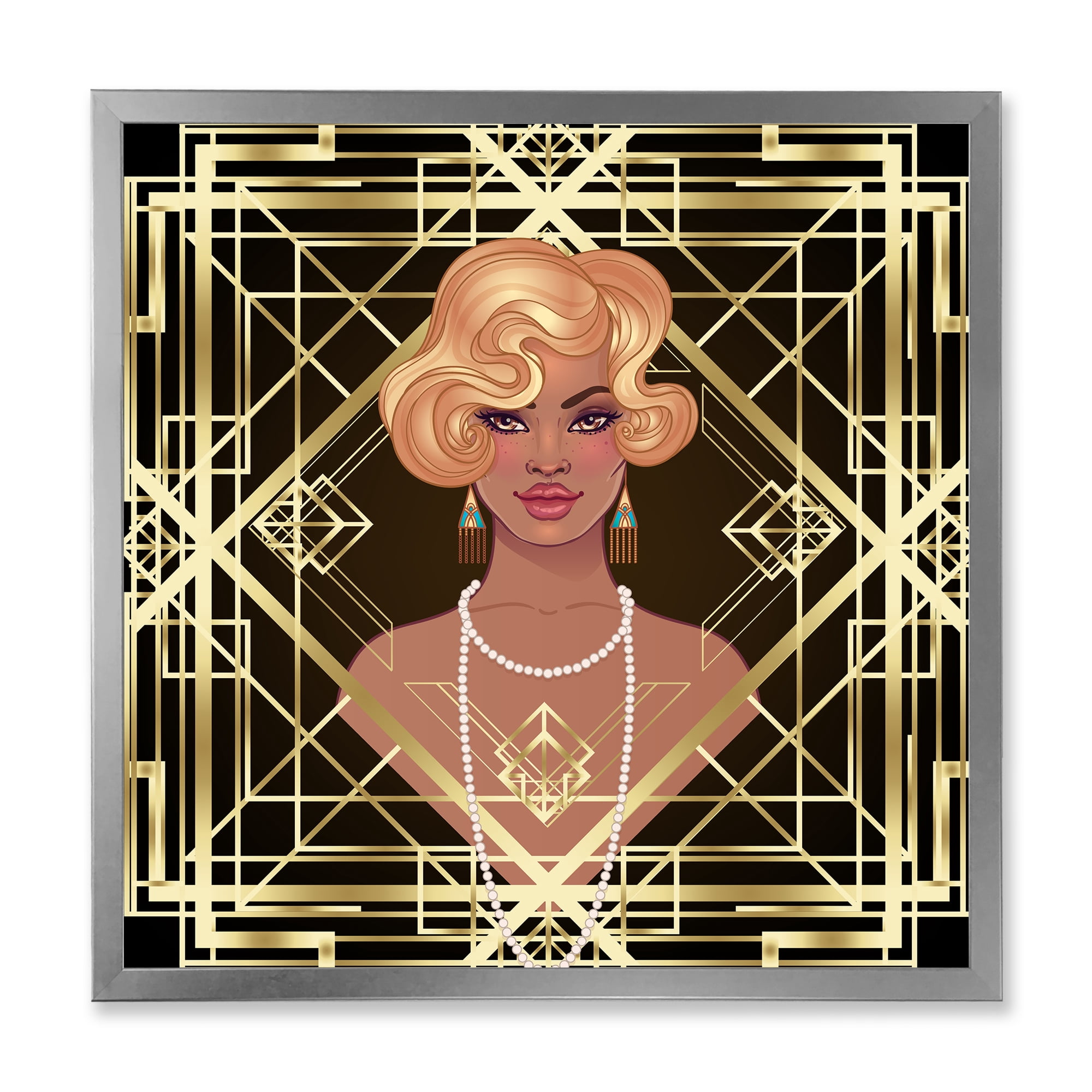 Designart 'Retro Girl In Golden Art Deco Geometrics III' Modern Framed Art Print