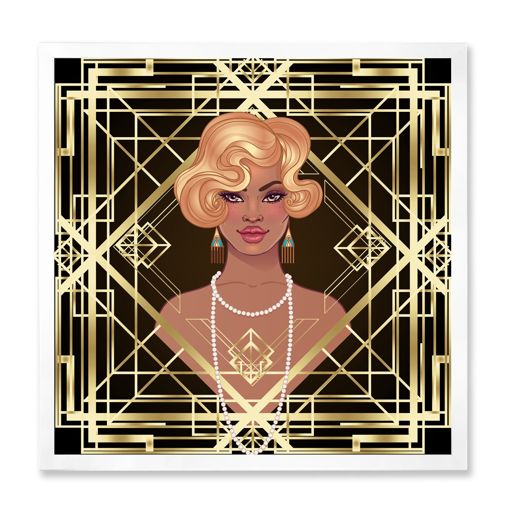 Designart 'Retro Girl In Golden Art Deco Geometrics III' Modern Framed Art Print