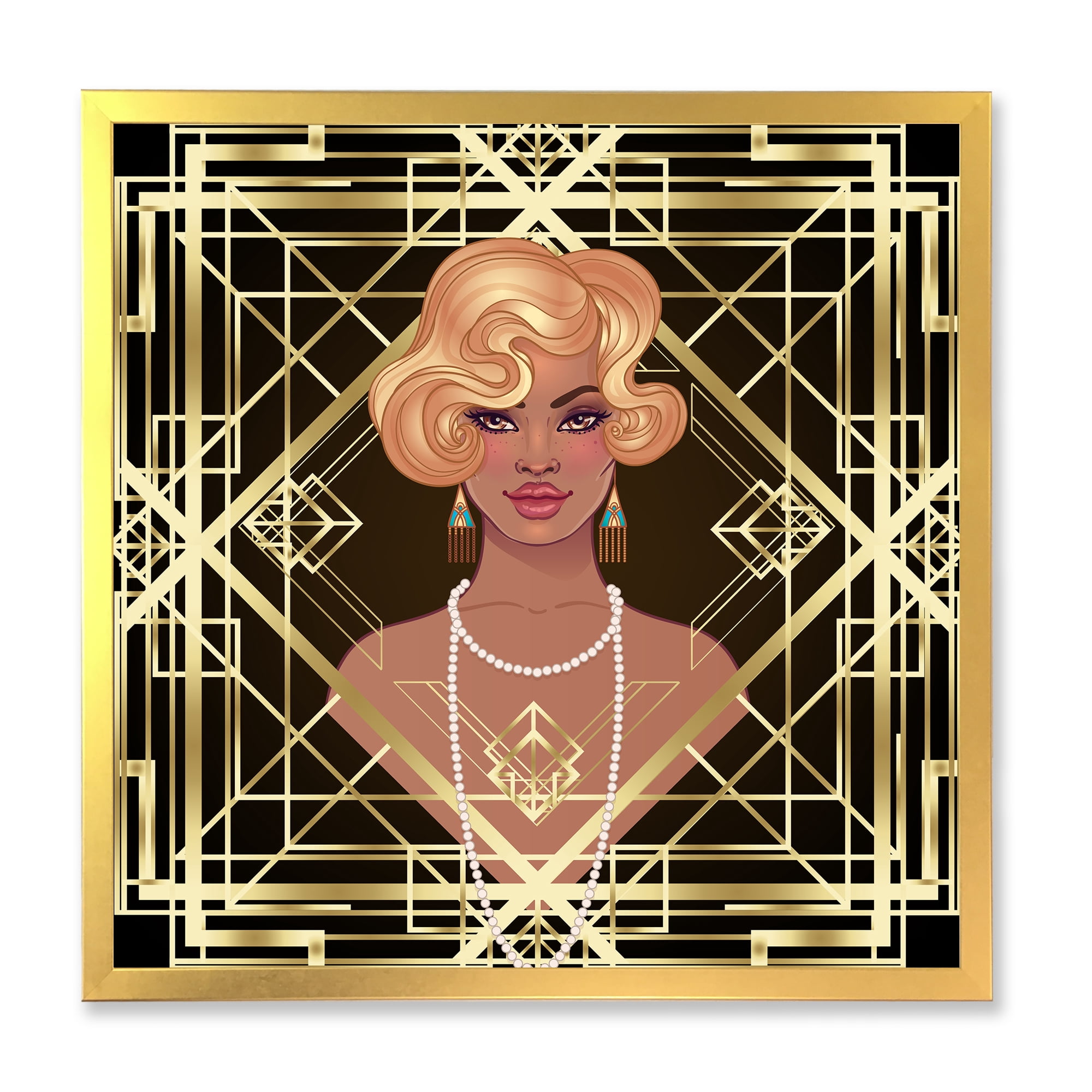 Designart 'Retro Girl In Golden Art Deco Geometrics III' Modern Framed Art Print